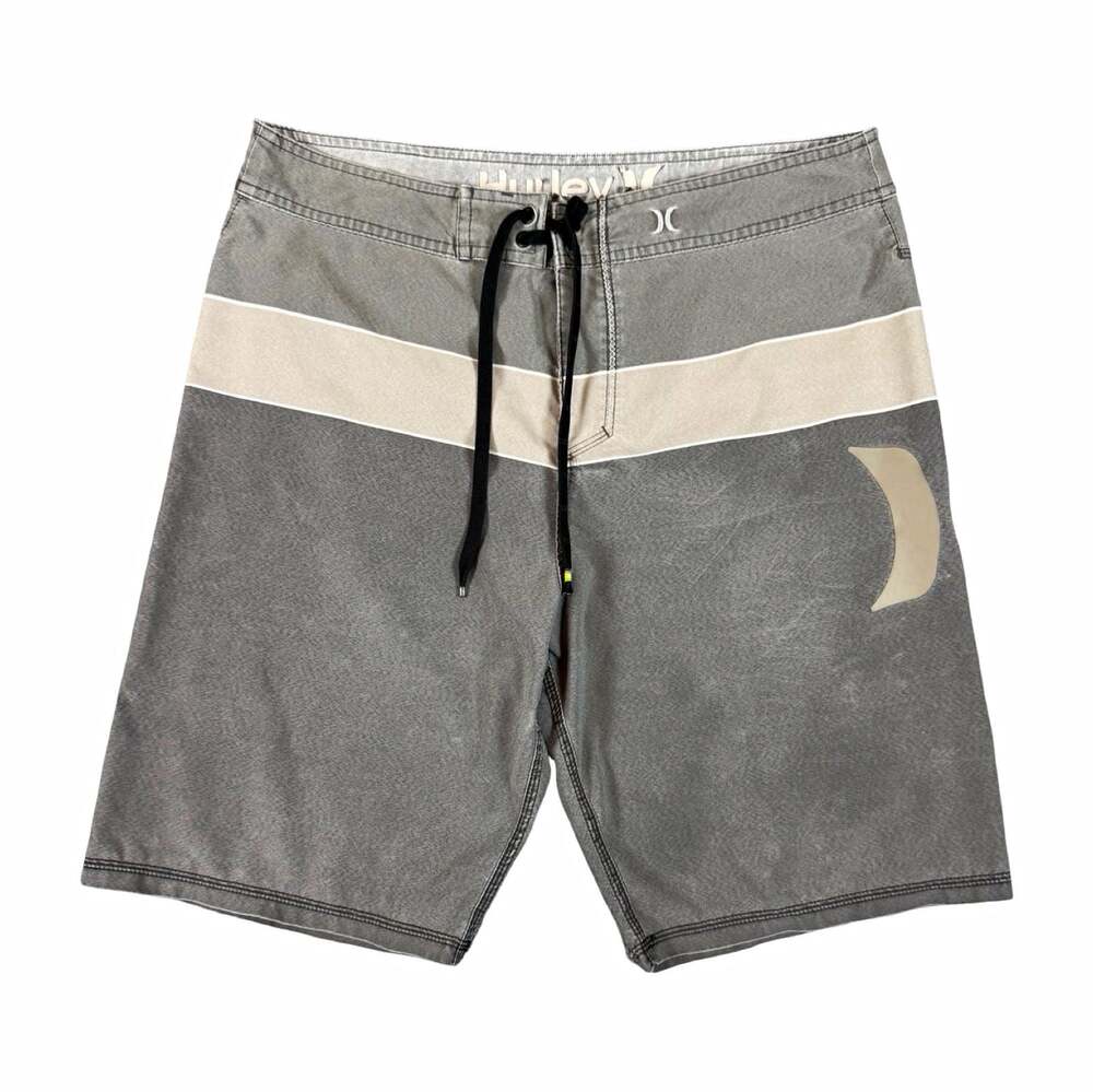 Y2K Hurley Men’s Striped Board Shorts Gray White Black Drawstring Back Pocket 36